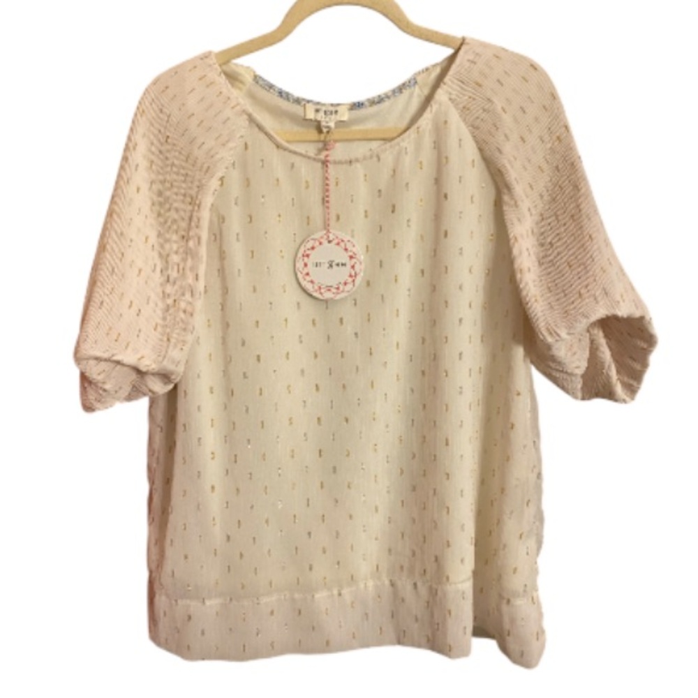 Umgee Cream Textured Blouse Metallic Accents Puffed Sleeves NWT size Small